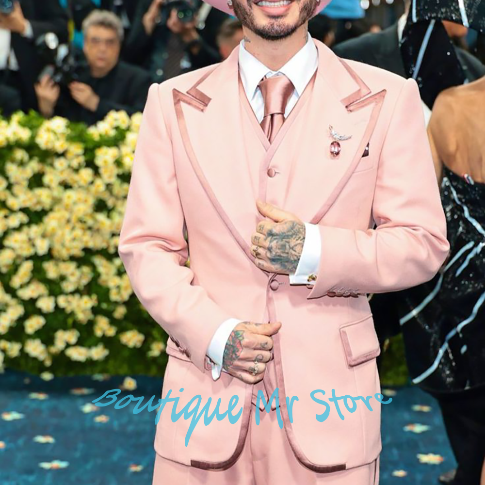 Men Formal Wear Pink - Men's Pink Satin-Trimmed Three-Piece Suit Single