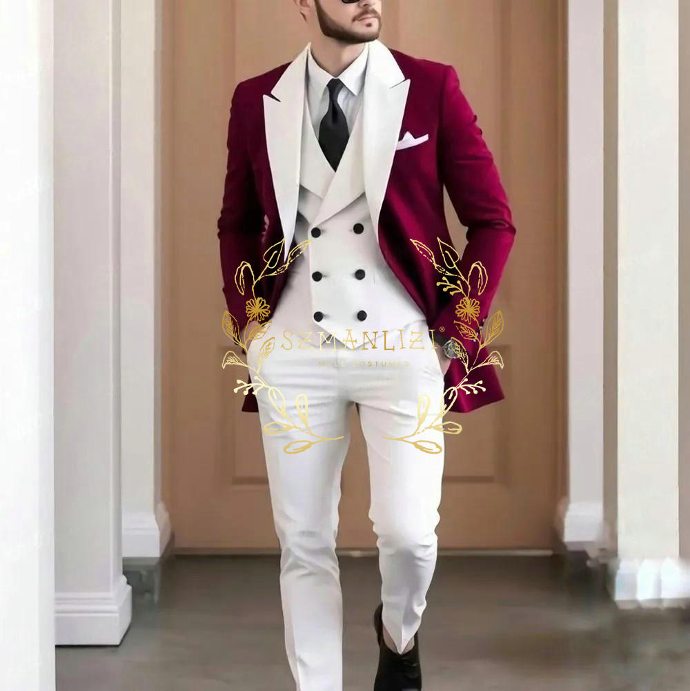 Formal Wear For Men In Wedding - Elegant Burgundy 3-pieces Men's Suit High