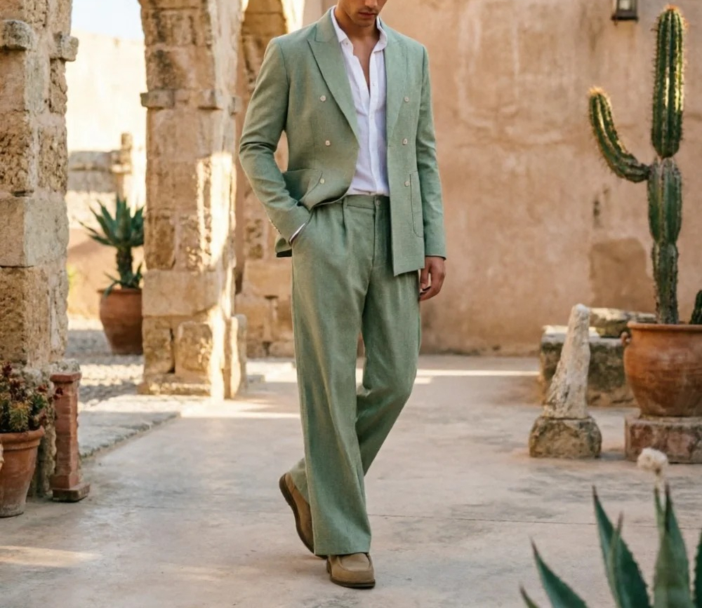 Sage Green Linen Men Suits Rel – Men'S Relaxed Formal Wear recenzja i cena