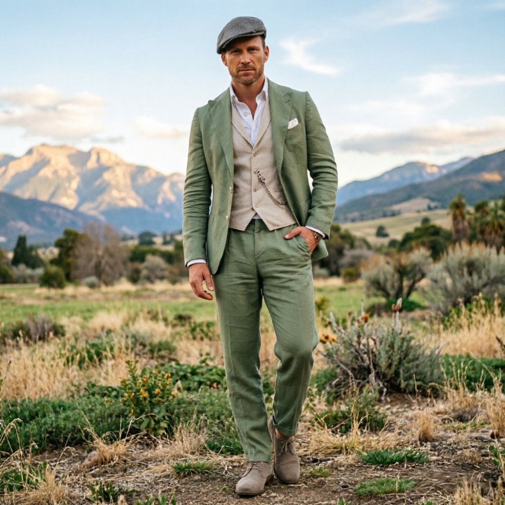 Sage Green Linen Men 3 Piece S – Men Formal Wear In Summer recenzja i cena