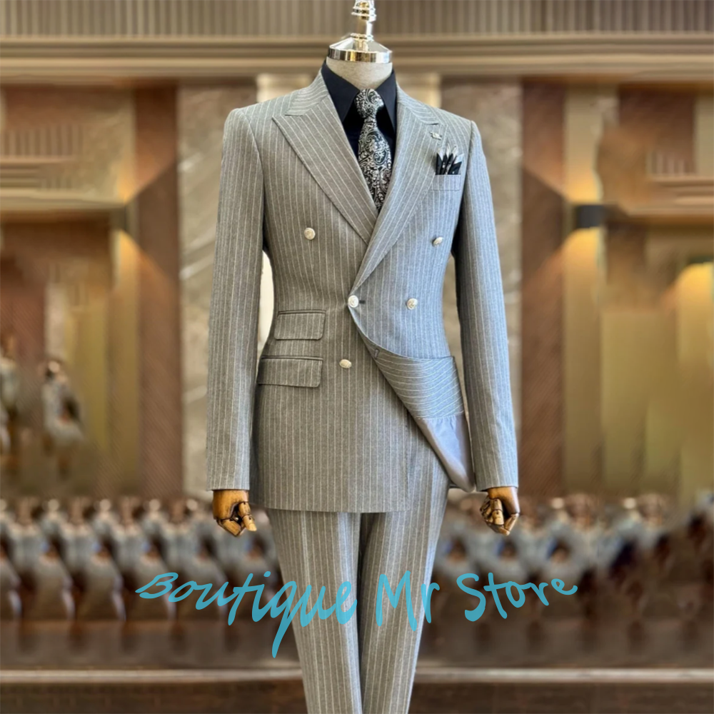 Light Gray Striped Woolen Men' – Men Formal Wear Look recenzja i cena