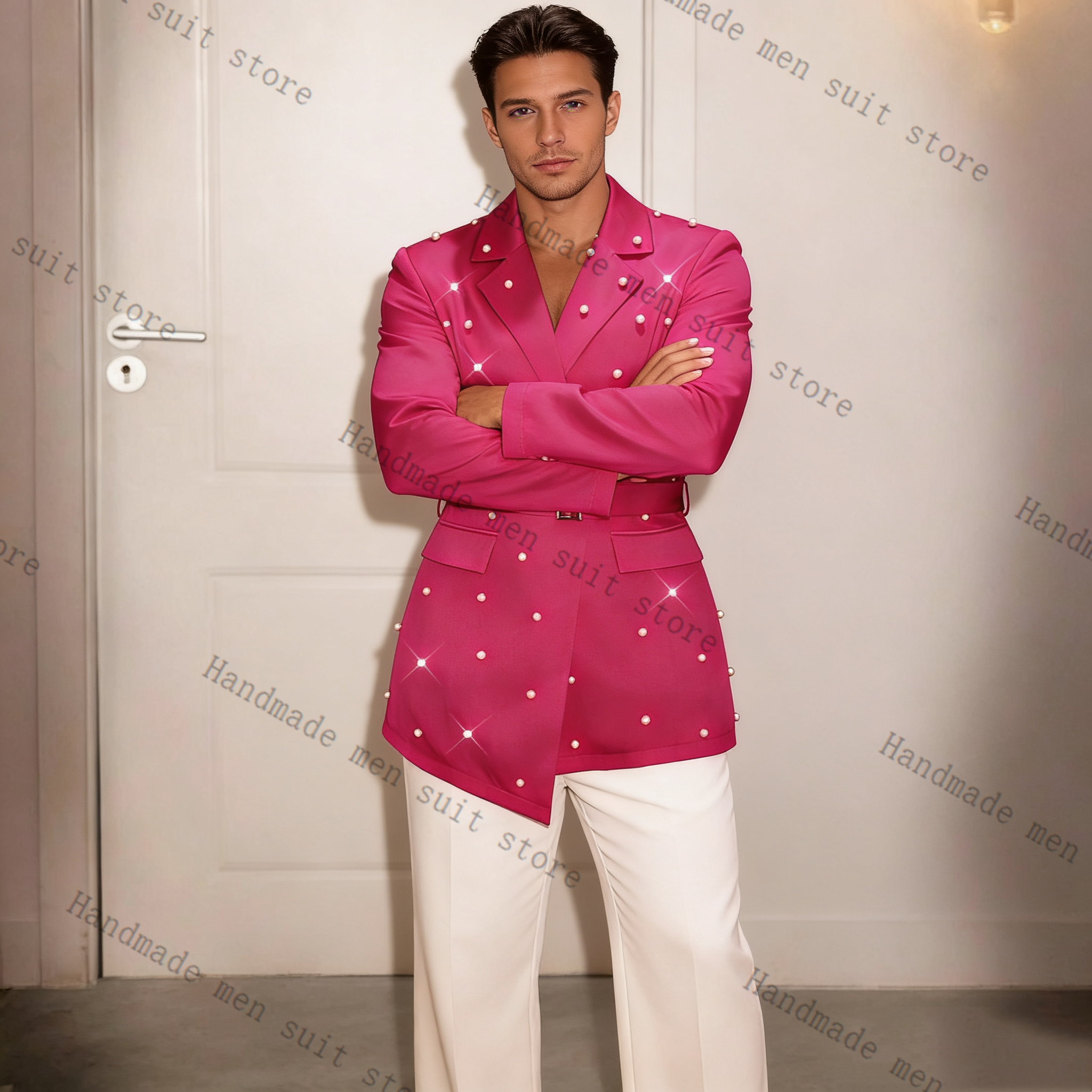 Pearls Pink Men Suit Set 2 Pie – Men Formal Wear Pink recenzja i cena
