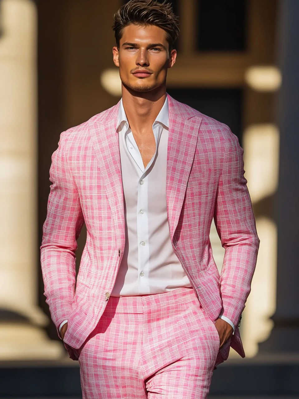 Summer Pink Plaid Mens Tuxedos – Men Formal Wear Pink recenzja i cena