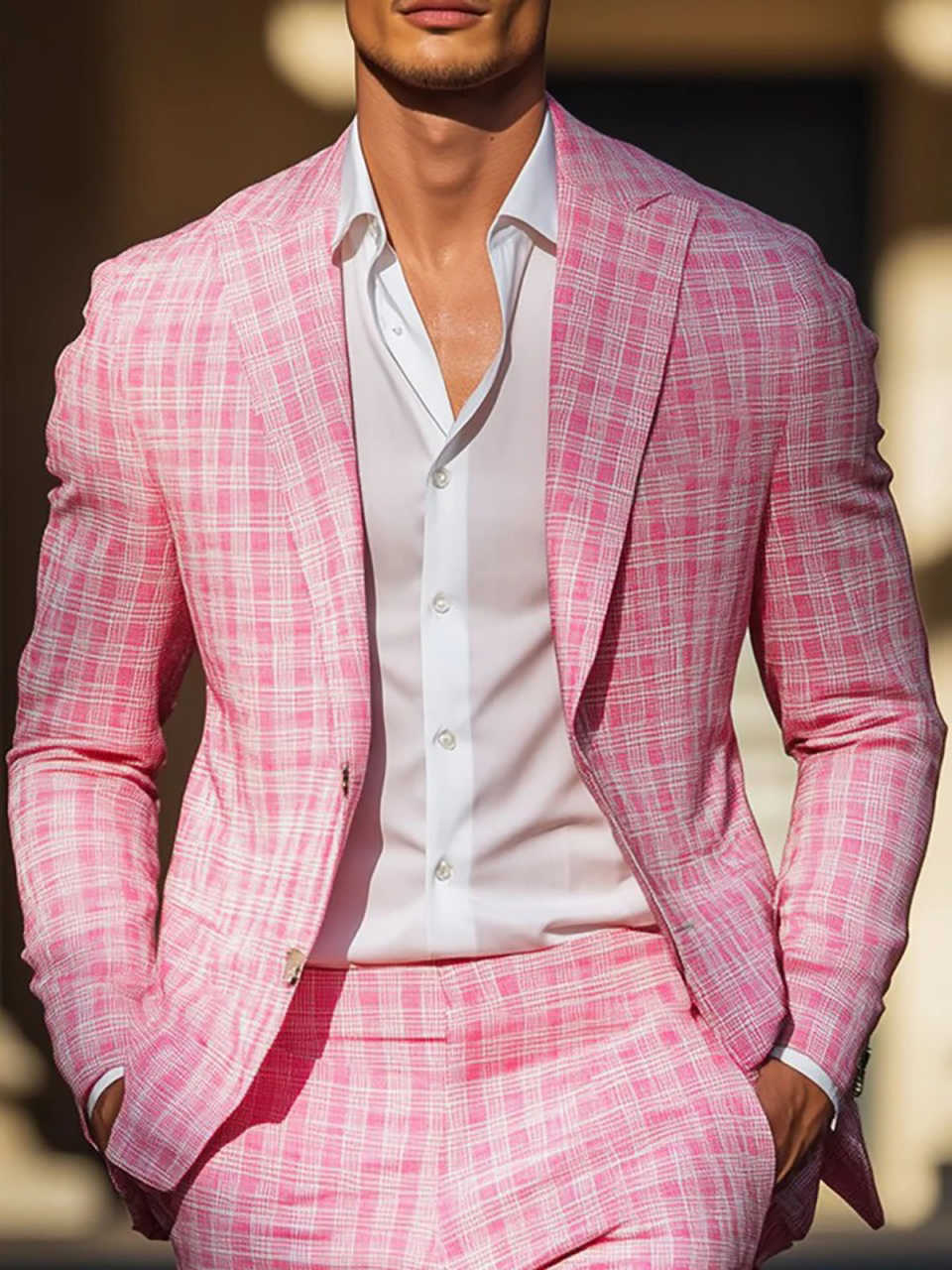 Summer Pink Plaid Mens Tuxedos – Men Formal Wear Pink recenzja i cena