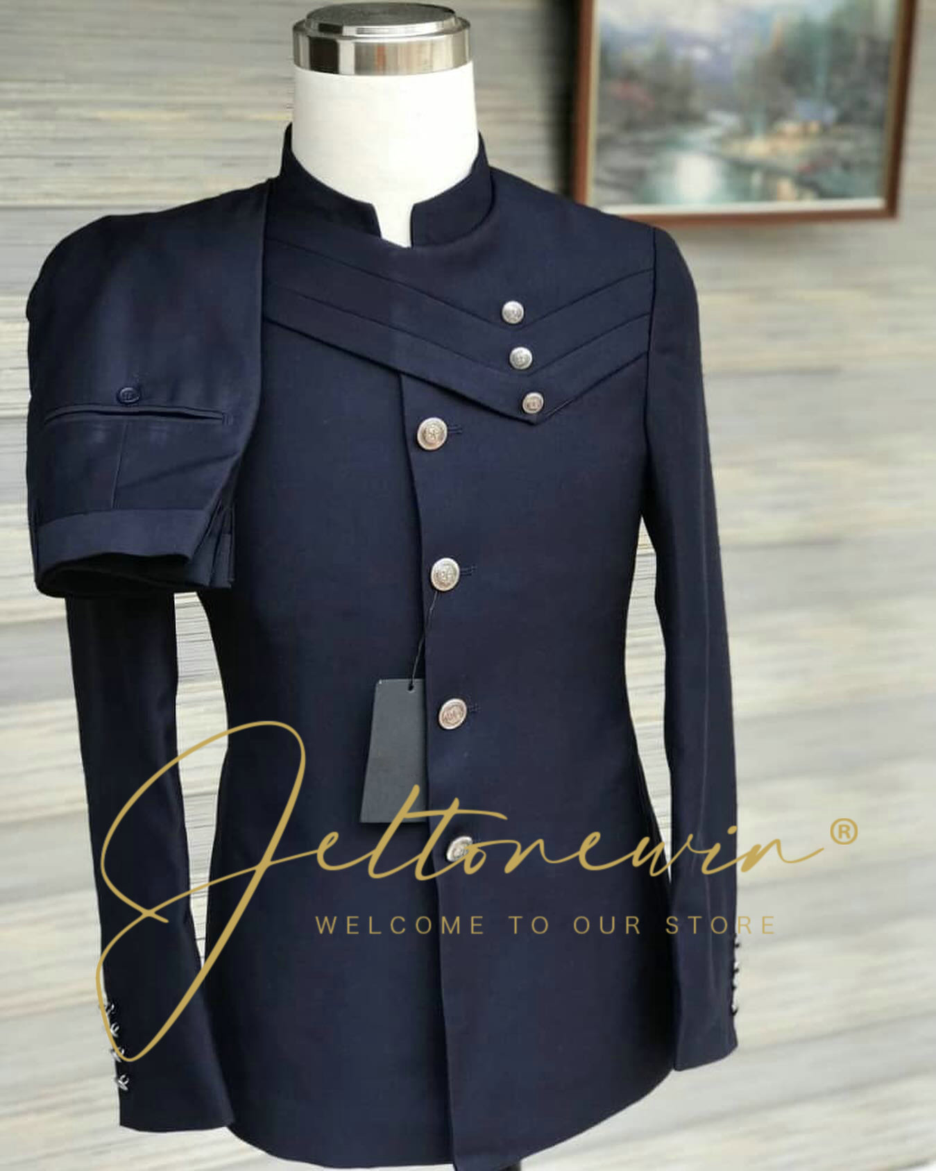 Men's Navy Blue Suit Set with  – Formal Wear For Men In Wedding recenzja i cena