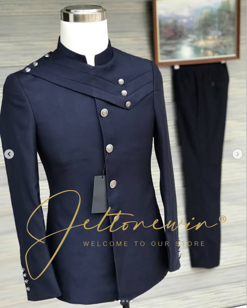 Men's Navy Blue Suit Set with  – Formal Wear For Men In Wedding recenzja i cena