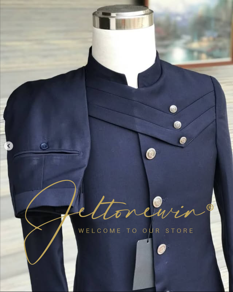 Men's Navy Blue Suit Set with  – Formal Wear For Men In Wedding recenzja i cena
